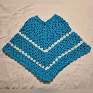 Handcrafted poncho girls light blue small/medium with white stripes NEW